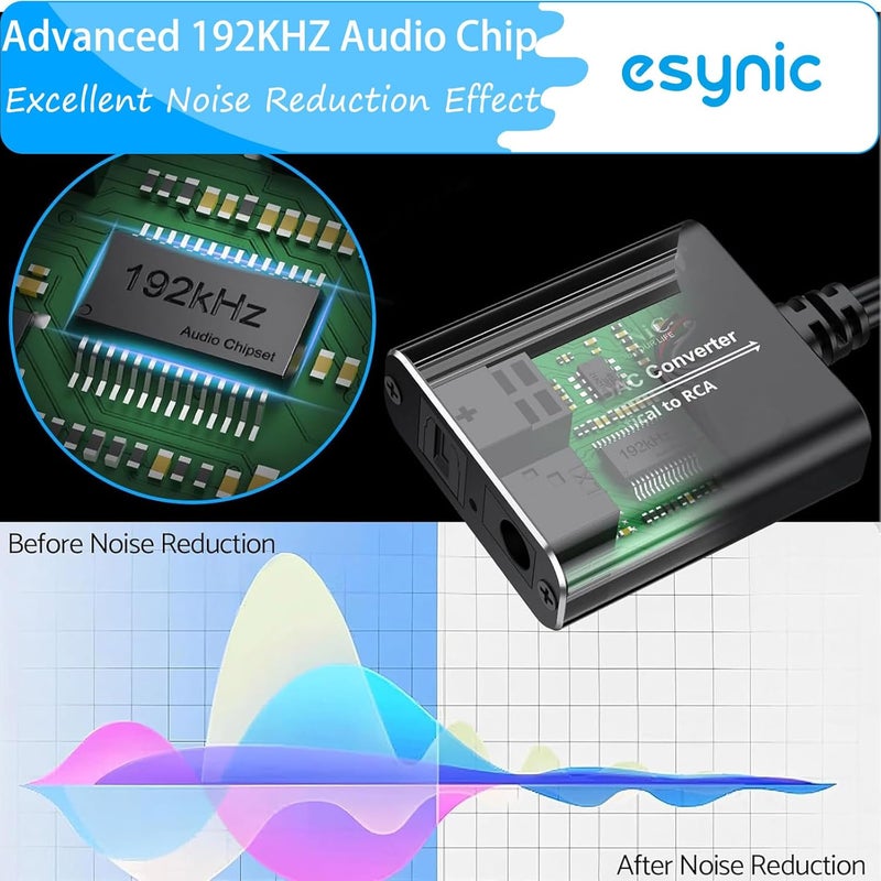 eSynic Portable Optical to RCA Adapter-7 FT Long-Built-in DAC Chip-Easy to Setup-192KHZ Digital to Analog Converter-Aluminum Shell-from HDTV/Blu-ray/DVD/Gaming Consoles to L/R Stereo Audio System - Image 4